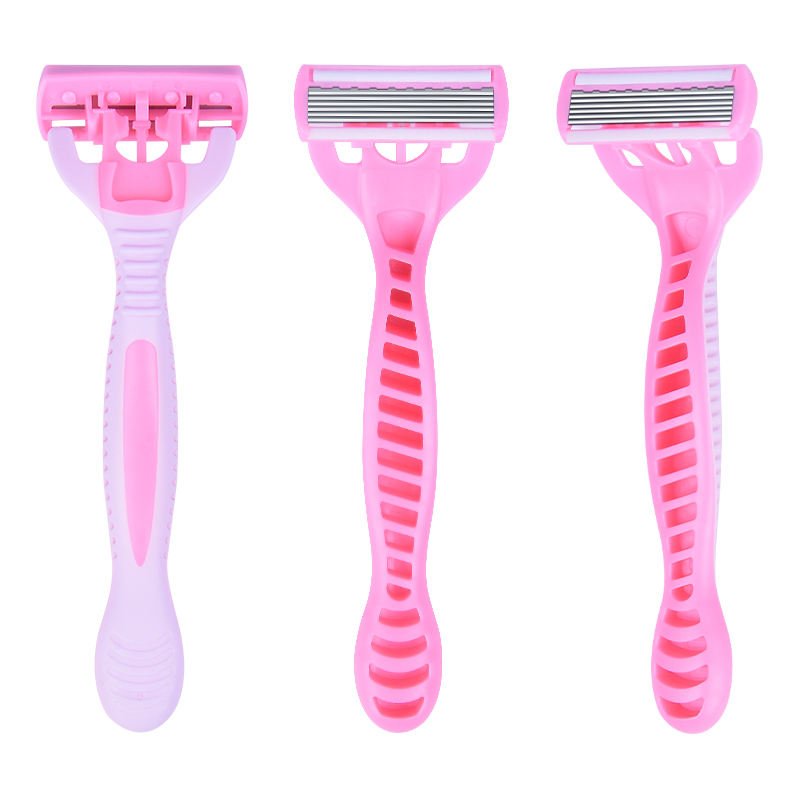 Hot Sale Disposable Women's Hotel Stainless Steel Safety Razor with Six Blades and Rubber Handle Pink