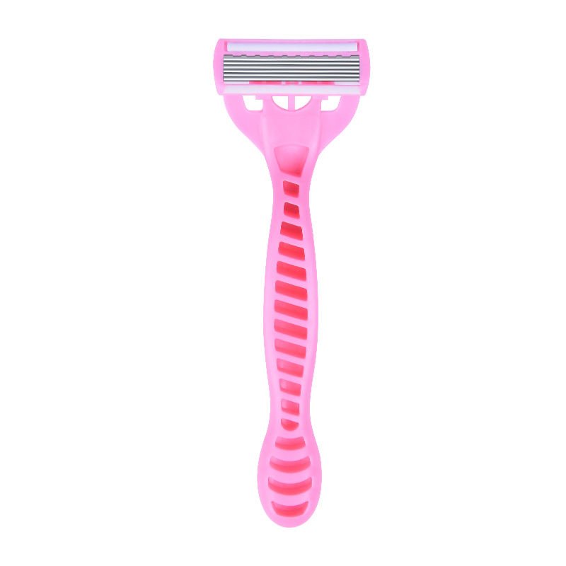 Hot Sale Disposable Women's Hotel Stainless Steel Safety Razor with Six Blades and Rubber Handle Pink