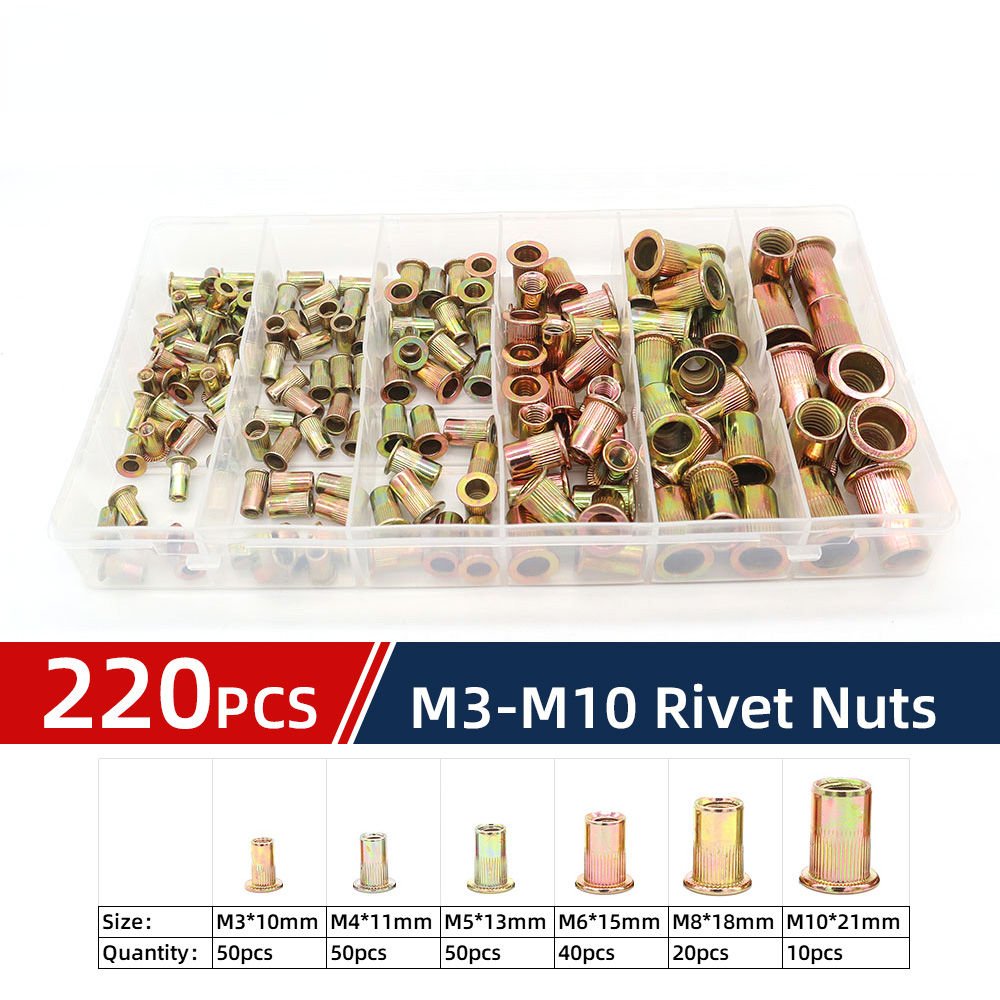 Rivet Nut 220pcs Standoff Nuts Carbon Steel M3-M10 Flat Head Vertical Grain Round Body Knurled Multi Size Standoff Nut Combo Set