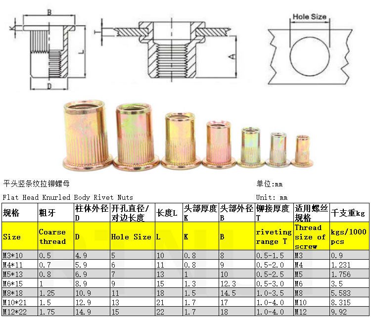 Factory Direct-sale Flat-head Rivet Nuts Carbon Steel Yellow Zinc Plating Class 4.8 6.8 Grade Right Hand Thread M3-M12