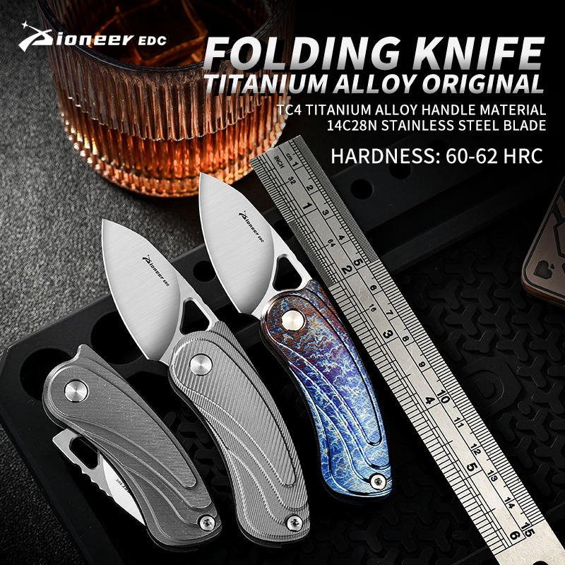 PioneerEDC China Premium Folding Knives 14C28N Steel Folding Knife Titanium Edc Pocket Collectable Small Knife for Safety