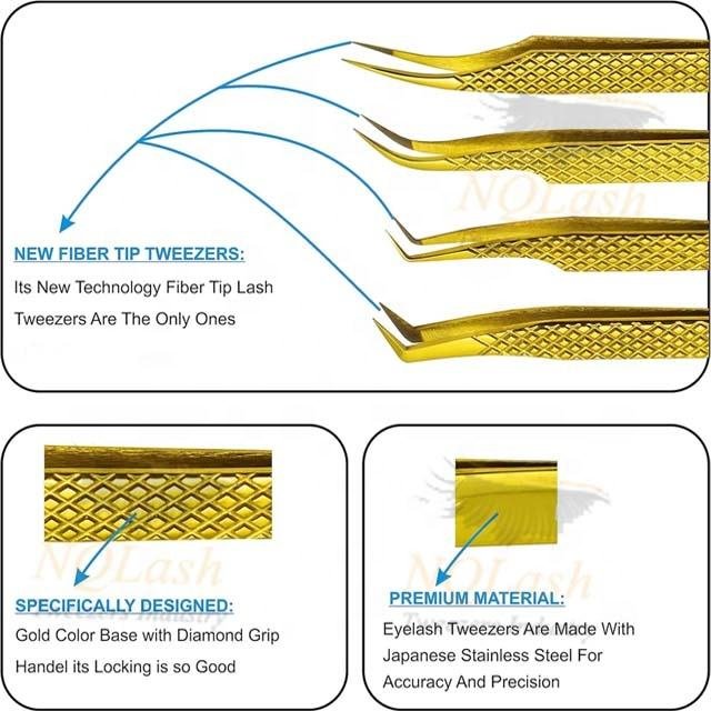 Gold Color Pointed Fiber Stainless Steel Tweezers Eyebrow Tweezer Diamond Grip Custom Logo Offer Custom Packing OEM