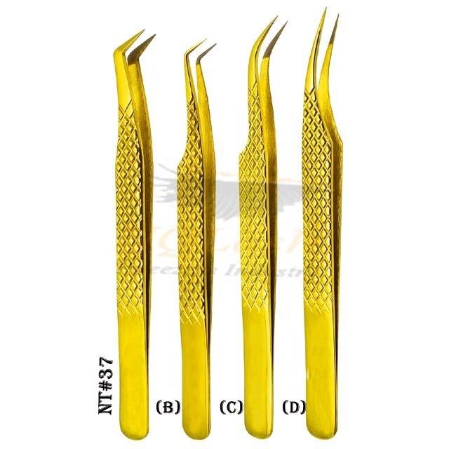 Gold Color Pointed Fiber Stainless Steel Tweezers Eyebrow Tweezer Diamond Grip Custom Logo Offer Custom Packing OEM