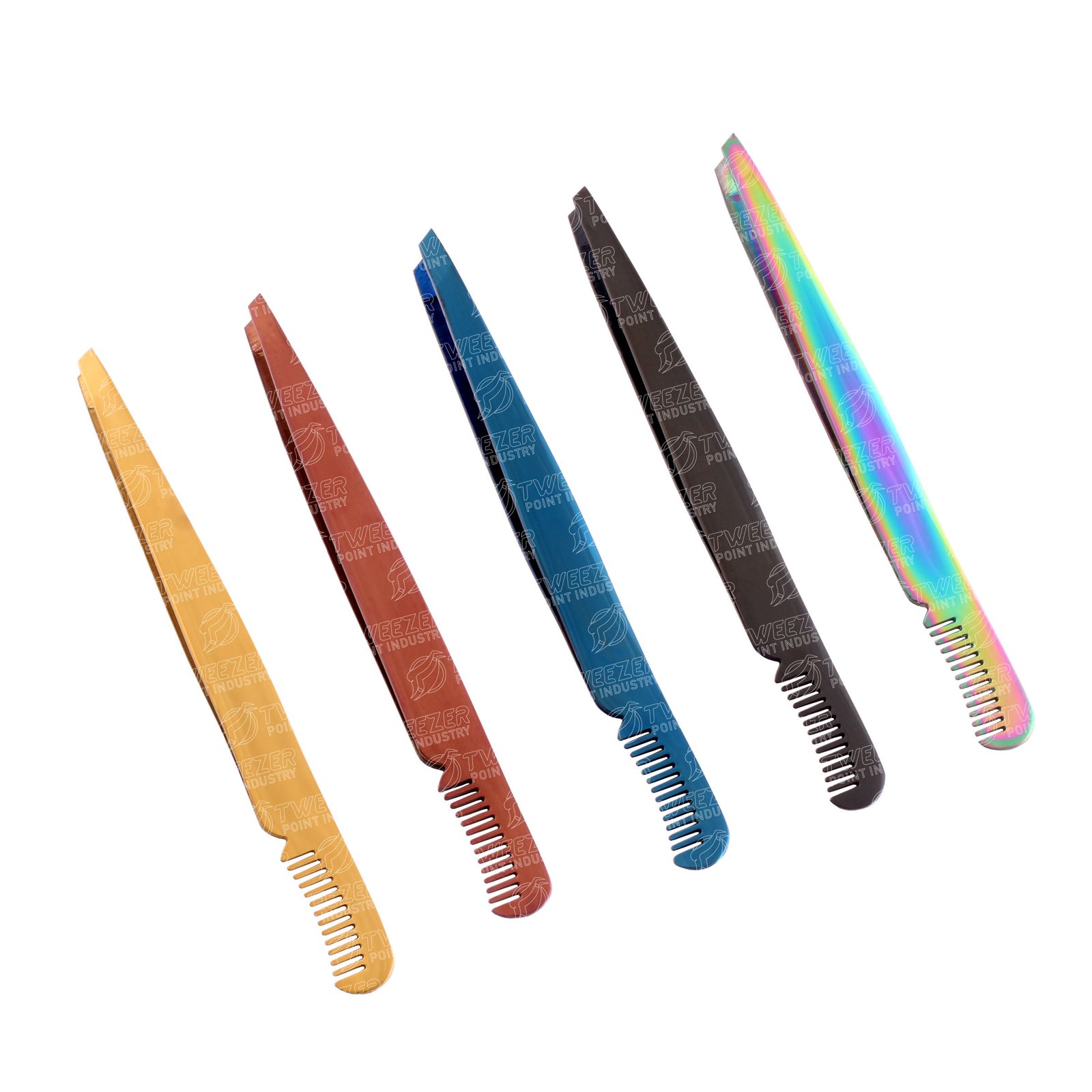 Professional Stainless Steel Eyebrow Tweezers Customized Comb Design Custom Logo Plasma Colors Slanted Tip Custom Packaging Size