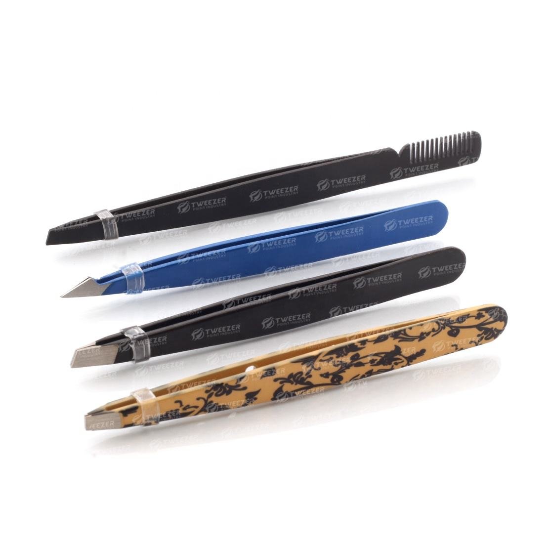 Professional Stainless Steel Eyebrow Tweezers Customized Comb Design Custom Logo Plasma Colors Slanted Tip Custom Packaging Size