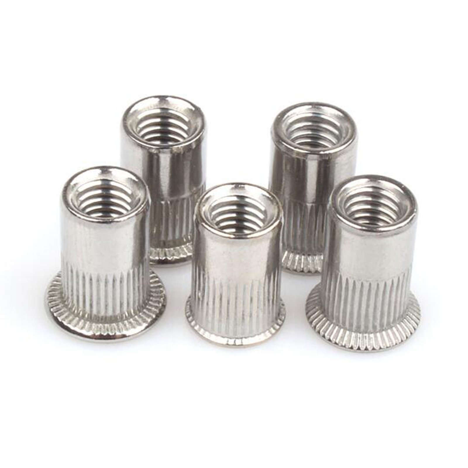 Ss304 Stainless Steel A2-70 Rivet Nuts Supplier M4 M5 M6 M8 M10 M12 Flat Head Open End Knurled Body Insert Riveted Nuts