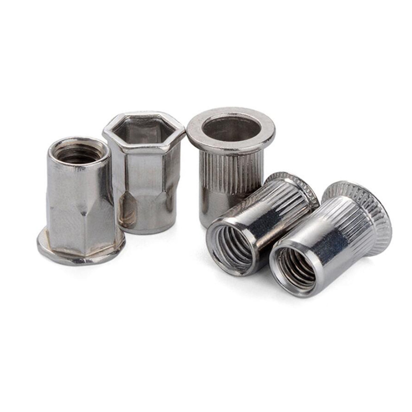 Ss304 Stainless Steel A2-70 Rivet Nuts Supplier M4 M5 M6 M8 M10 M12 Flat Head Open End Knurled Body Insert Riveted Nuts