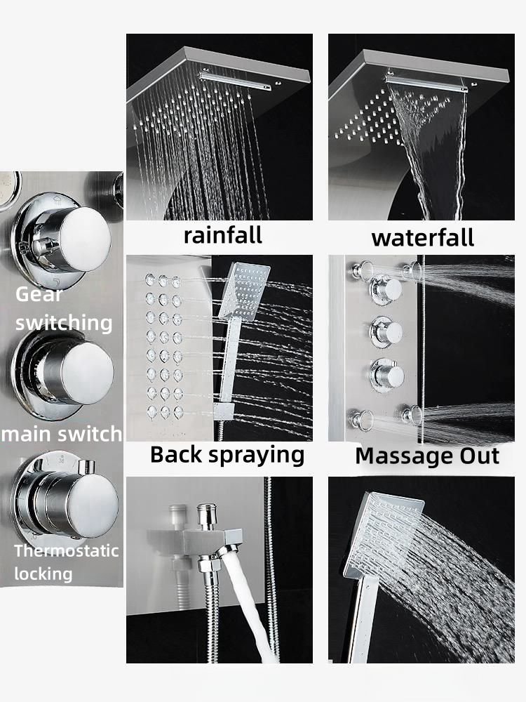 Ares Idealex Brushed Stainless Steel LED Rainproof Shower Panel Tower System Waterfall and Massage Body Jets for Bathroom