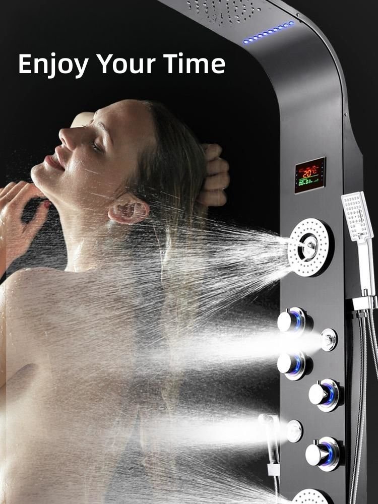 Ares Idealex Brushed Stainless Steel LED Rainproof Shower Panel Tower System Waterfall and Massage Body Jets for Bathroom