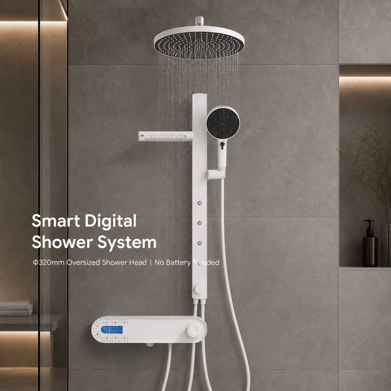 Modern White Brass Digital Shower Column Set Piano Key Design Wall Mount Bathroom Shower System Featuring Body Massage Jets