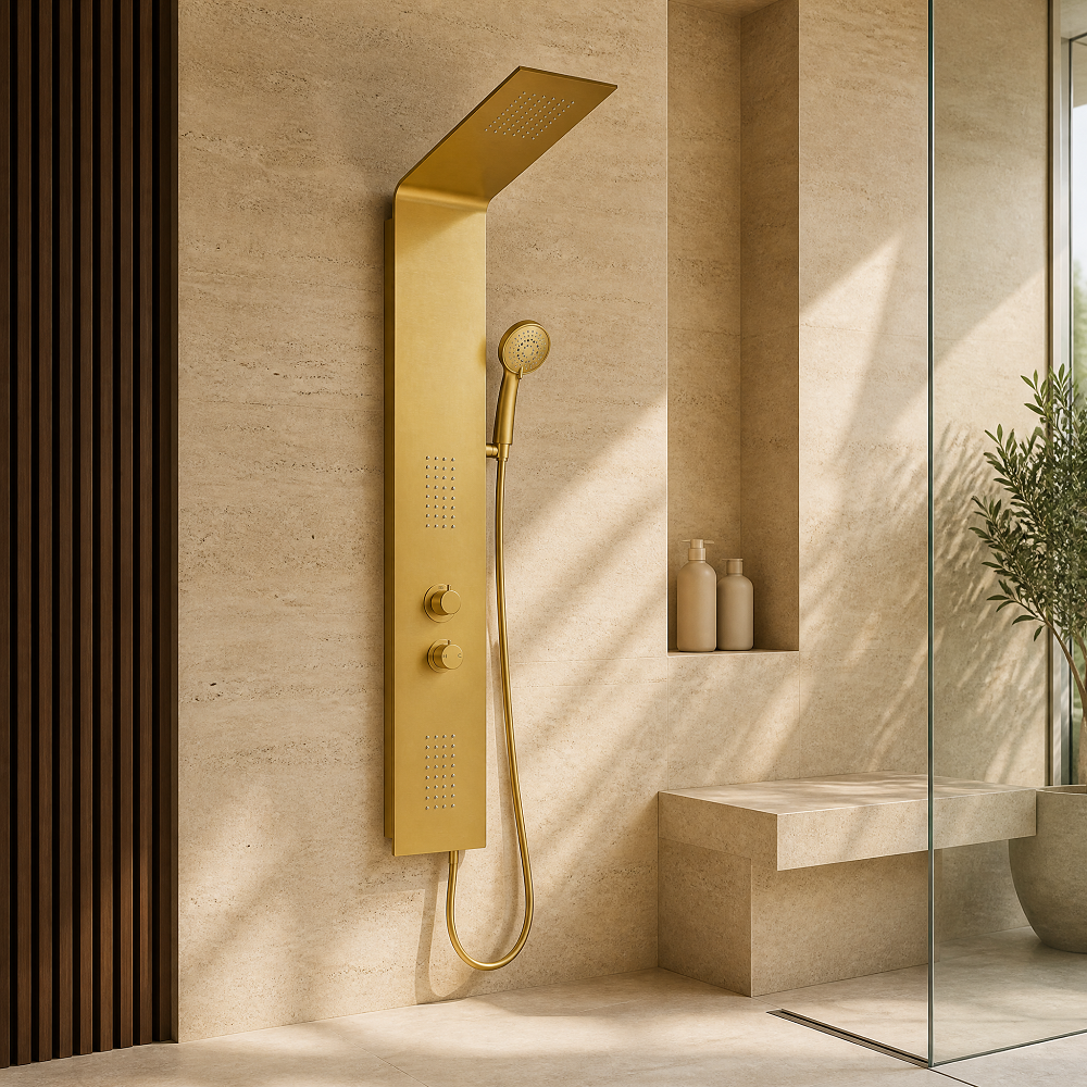 Ultra-thin Brushed Gold Shower Panel Stainless Steel Rainfall Tower Massage Body Jets Waterfall Bathroom Mixer Ceramic Hotel