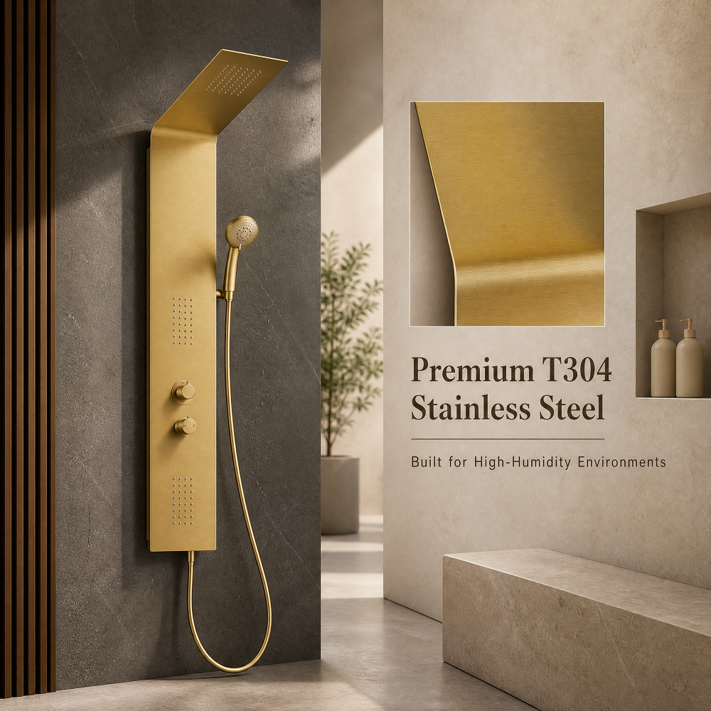 Ultra-thin Brushed Gold Shower Panel Stainless Steel Rainfall Tower Massage Body Jets Waterfall Bathroom Mixer Ceramic Hotel