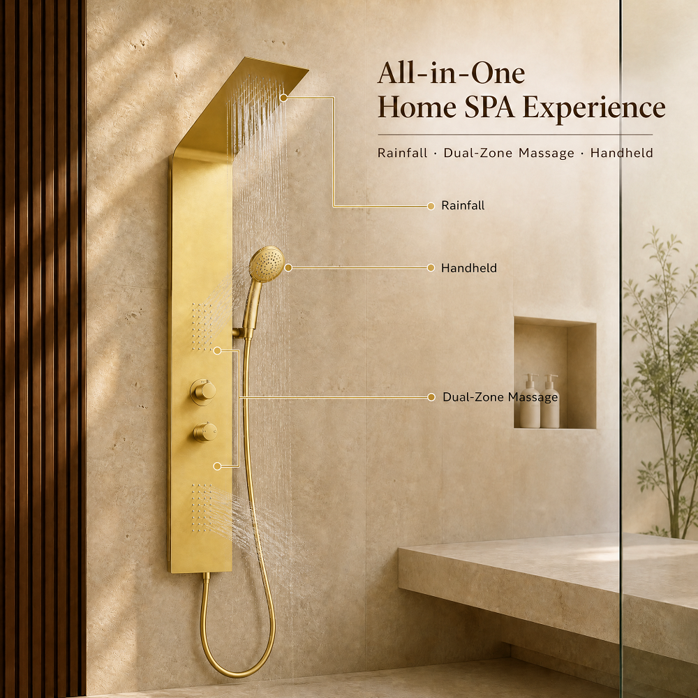 Ultra-thin Brushed Gold Shower Panel Stainless Steel Rainfall Tower Massage Body Jets Waterfall Bathroom Mixer Ceramic Hotel