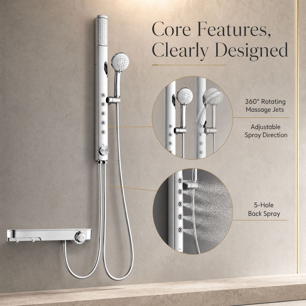 Modern Brass Chrome Shower Column System with 5 Body Massage Jets Rainfall Mixer Tap Wall Mounted Shower Set Bathroom