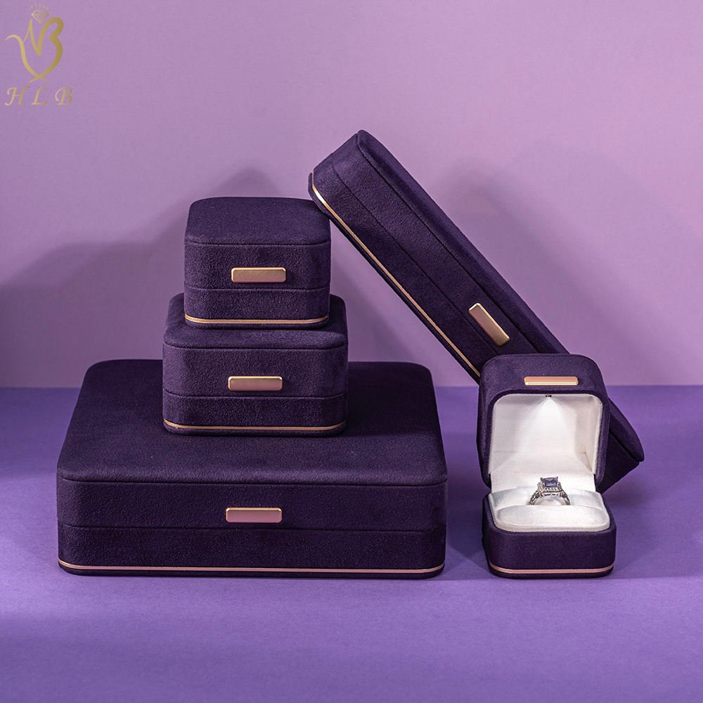 Luxury Purple Velvet Jewelry Box Personalized LED Light Ring Box for Premium Custom Logo Packaging