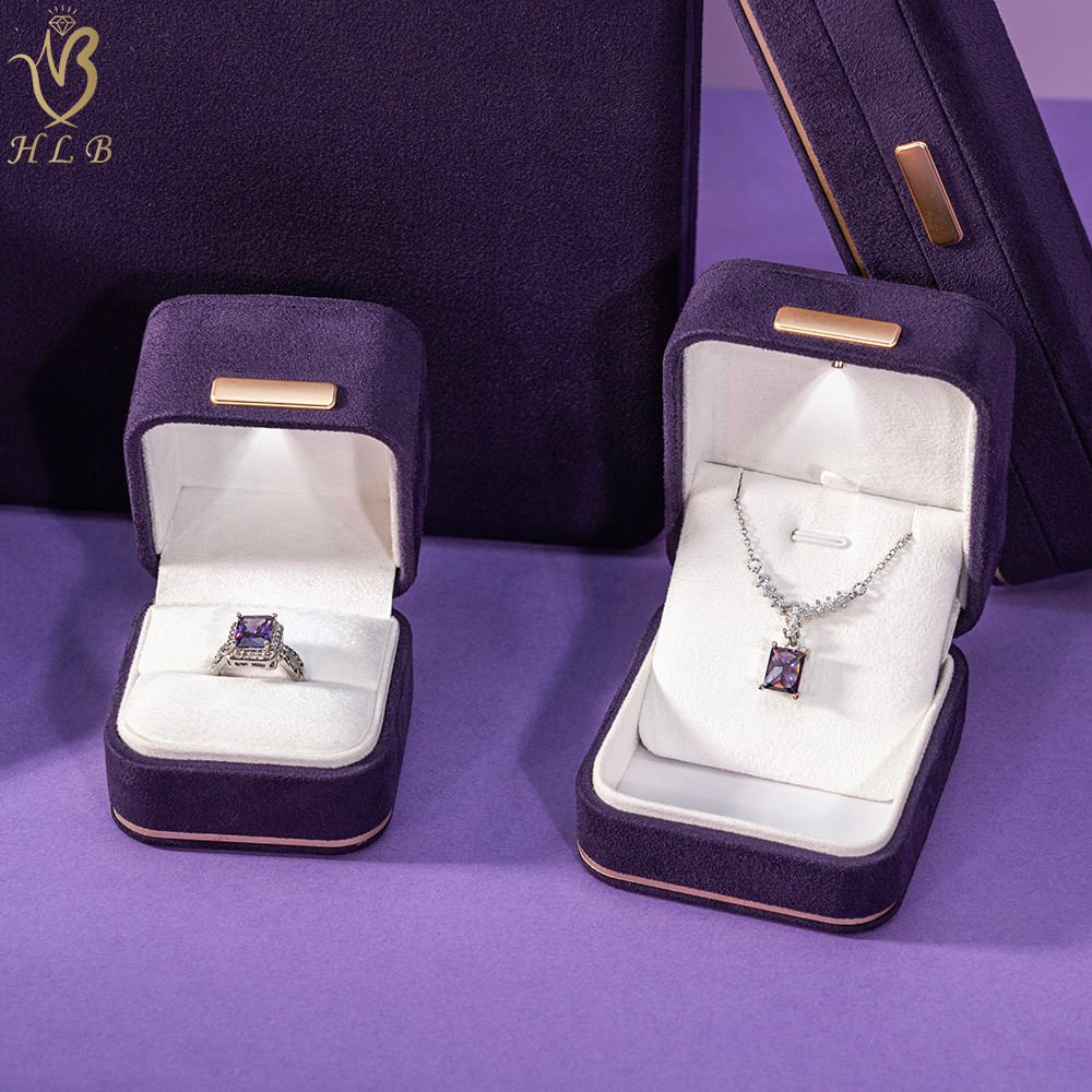 Luxury Purple Velvet Jewelry Box Personalized LED Light Ring Box for Premium Custom Logo Packaging