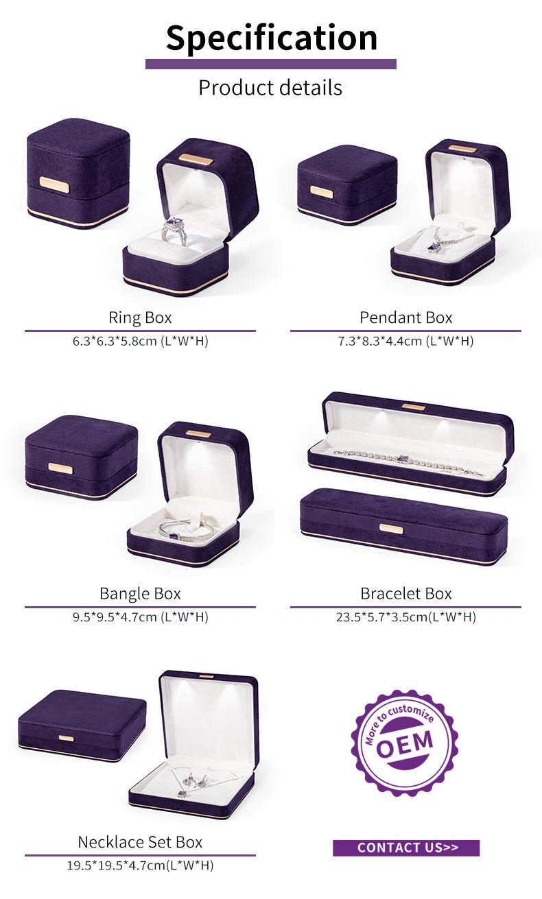 Luxury Purple Velvet Jewelry Box Personalized LED Light Ring Box for Premium Custom Logo Packaging