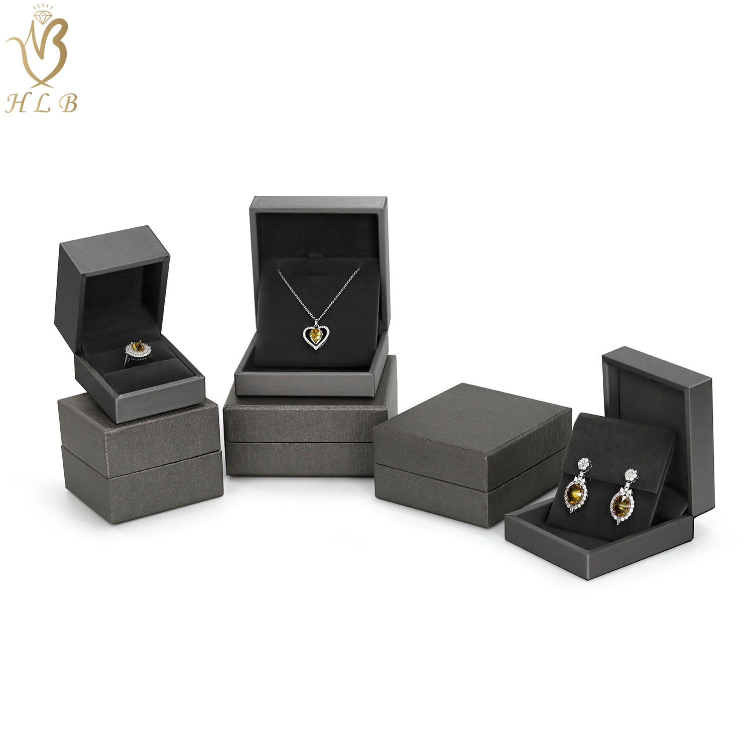 Factory Price 24H Shipping Bulk Stock Popular PU Leather Jewellery Box Package Set Grey Ring Necklace Jewelry Package Box