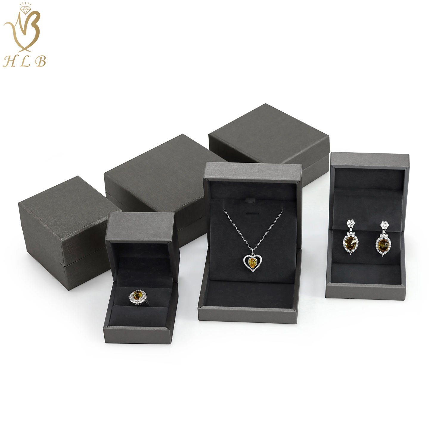Factory Price 24H Shipping Bulk Stock Popular PU Leather Jewellery Box Package Set Grey Ring Necklace Jewelry Package Box