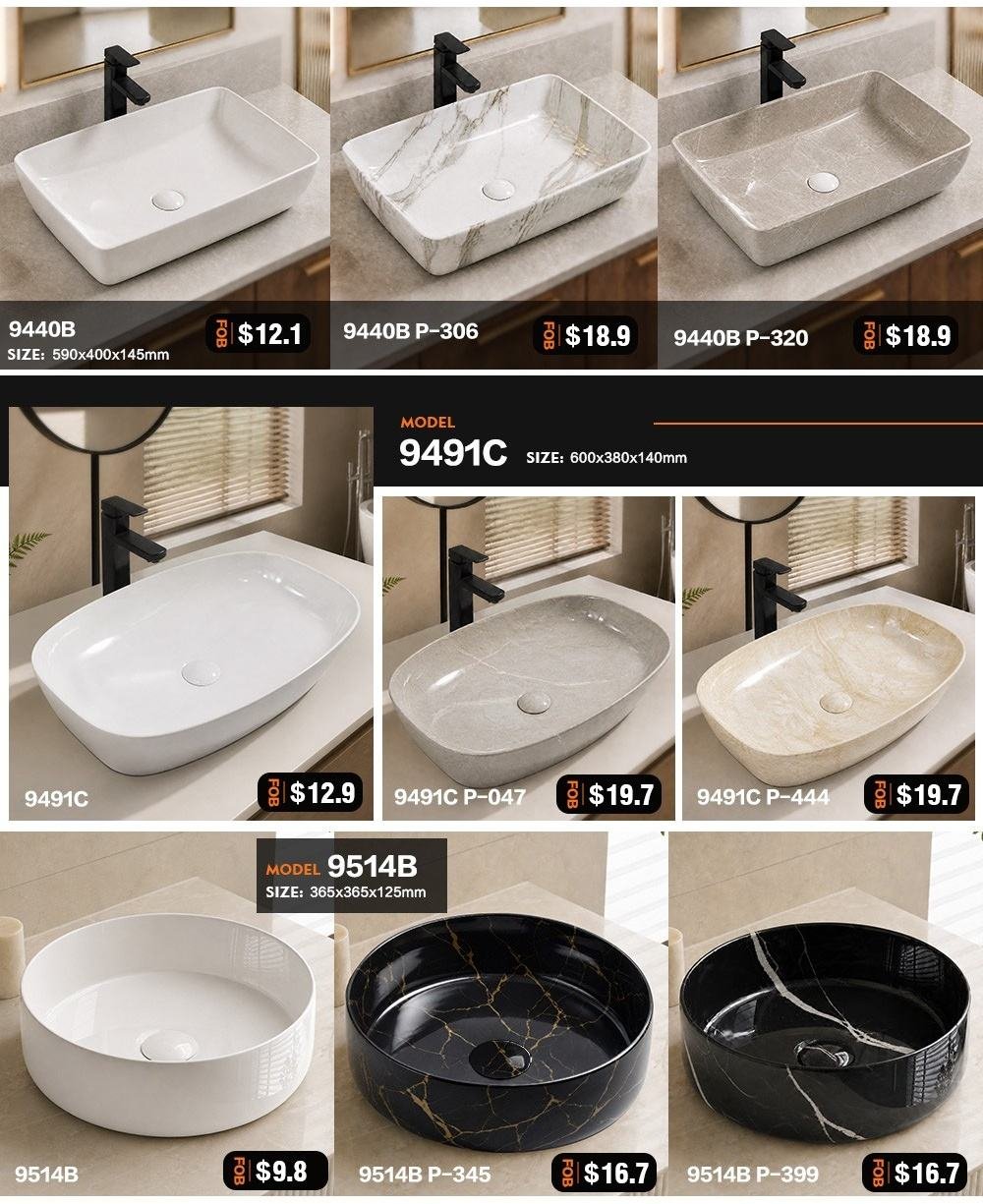 Kidoir Glazed Porcelain Marble Texture Countertop Wash Basin Luxury Above Counter Bathroom Vanity Lavatory Vessel Sink