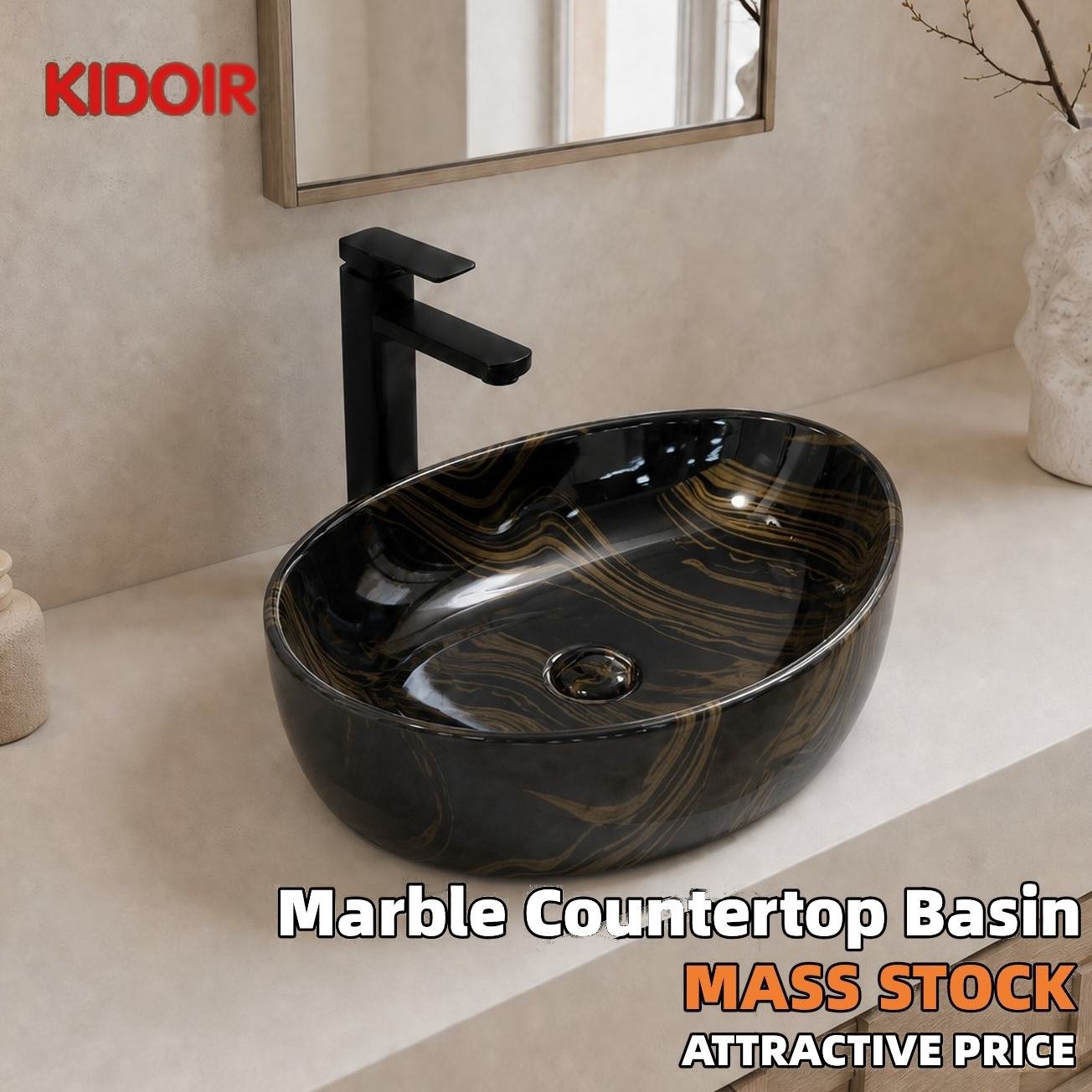 Kidoir Glazed Porcelain Marble Texture Countertop Wash Basin Luxury Above Counter Bathroom Vanity Lavatory Vessel Sink