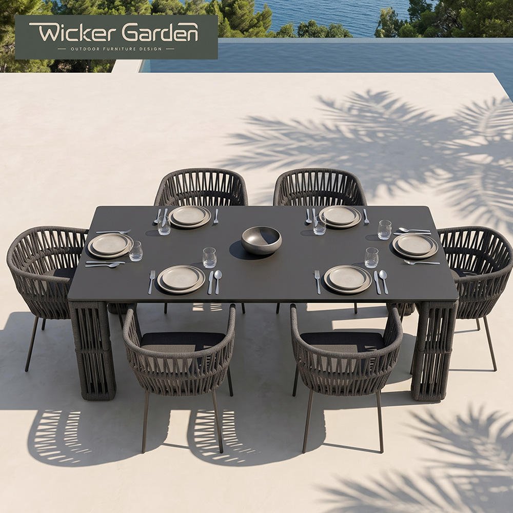 Modern Marble Tabletop Powder-Coated Aluminum Frame Outdoor Dining Table Chair Set with UV & Weather Resistant Rope-Woven Chairs