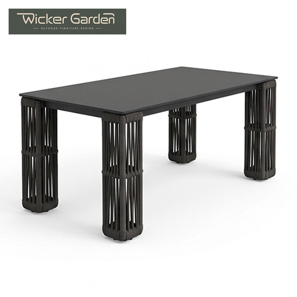 Modern Marble Tabletop Powder-Coated Aluminum Frame Outdoor Dining Table Chair Set with UV & Weather Resistant Rope-Woven Chairs