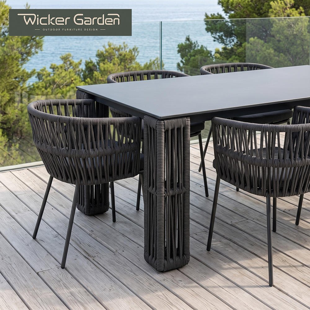 Modern Marble Tabletop Powder-Coated Aluminum Frame Outdoor Dining Table Chair Set with UV & Weather Resistant Rope-Woven Chairs