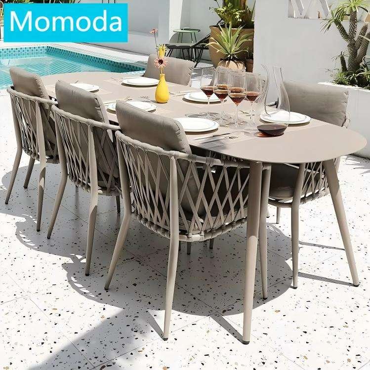 Modern Outdoor Patio Dining Set Aluminum Rope Chair with Glass Top Table for Hotels Gardens Villas for Park Use