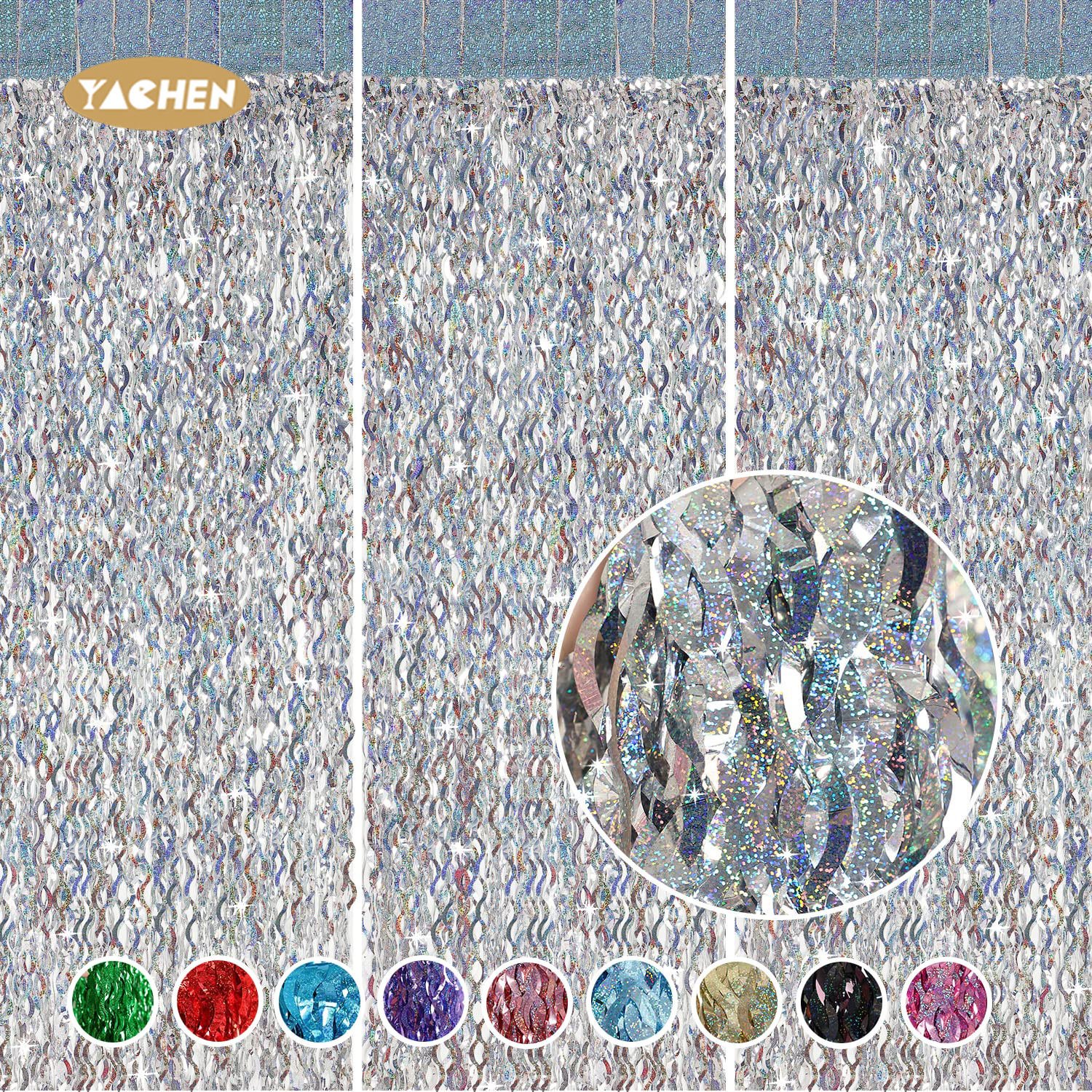 YACHEN 1*2m Laser Curved Wavy Foil Fringe Curtain Laser Metallic Tinsel Backdrop Curtain for Birthday Party Wedding Decoration