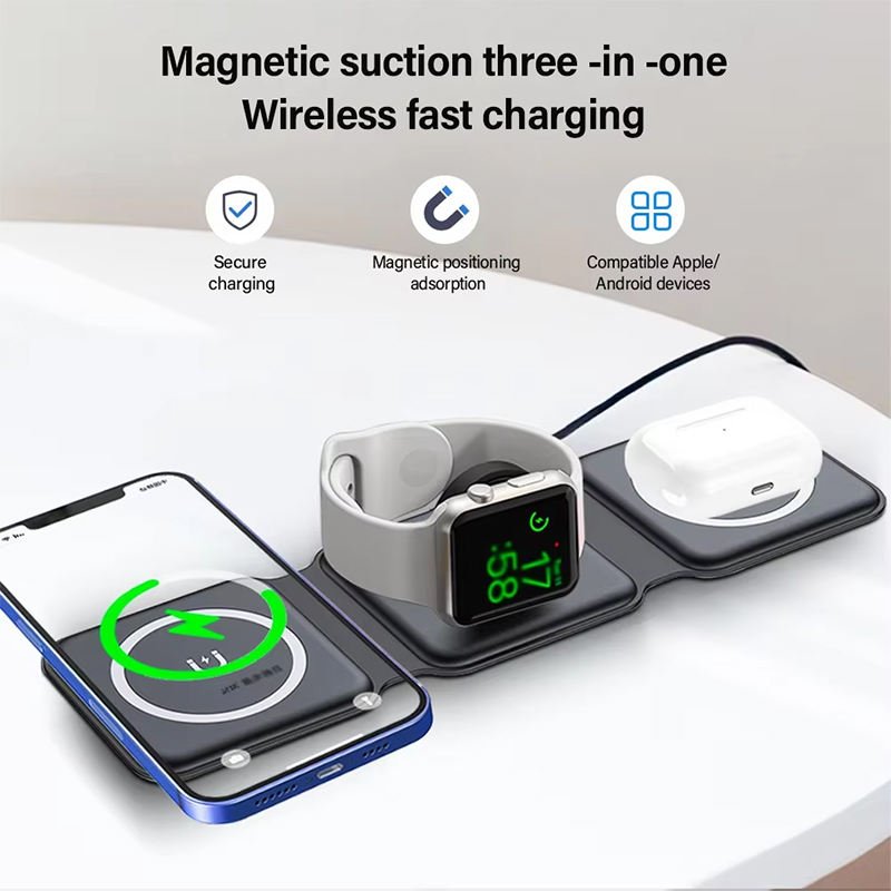 Factory High Quality Quick Charging Foldable Wireless Phone Charger 3 in 1 Magnetic Wireless Charger Station