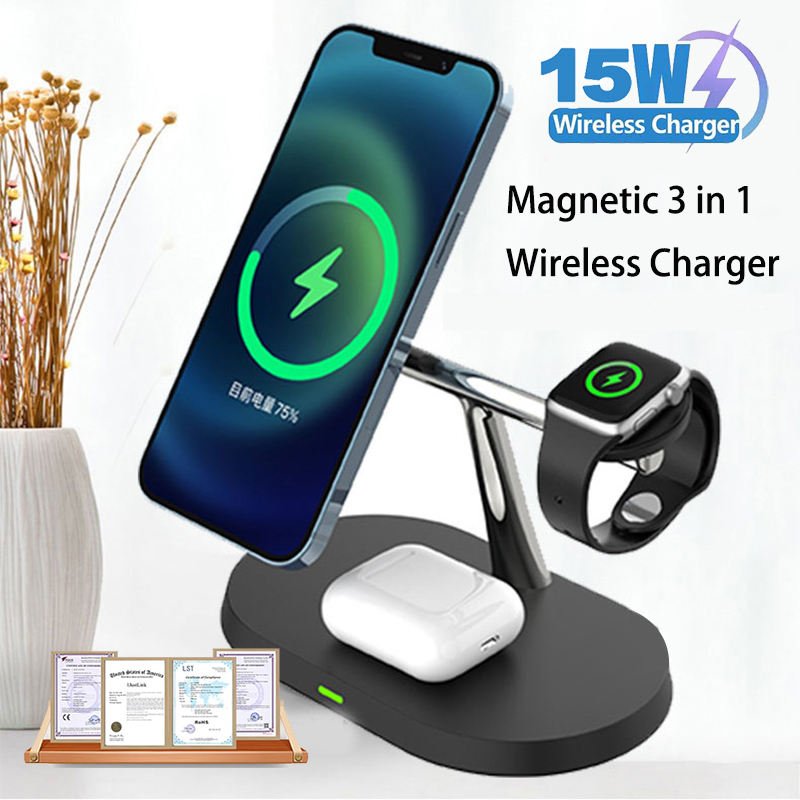 3-in-1 Magnetic Wireless Charger Type-C Fast Charging for IPhone/ Mobile Phones Earphones Smart Watches LED Night Light