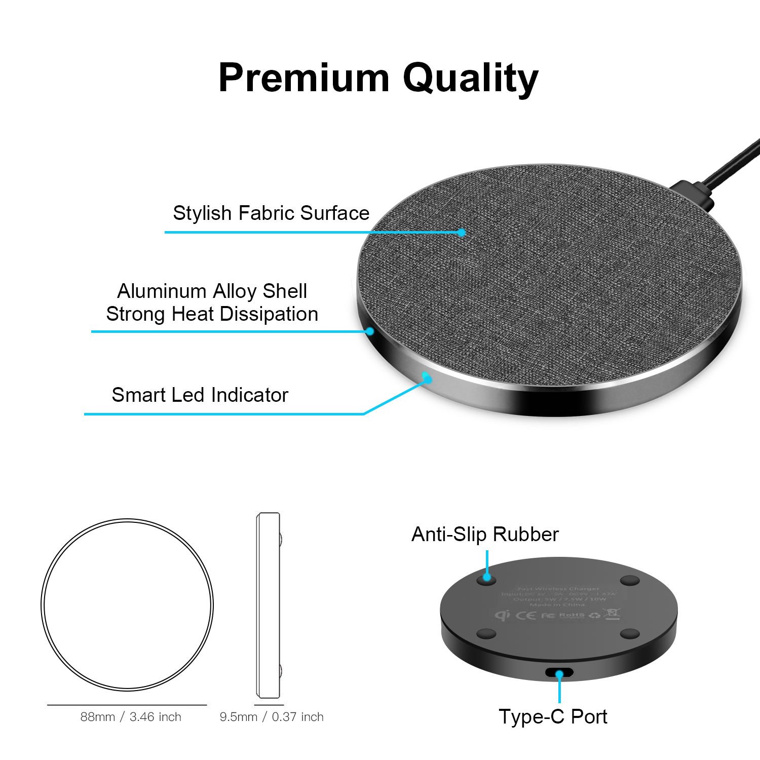 New Super Fast Wireless Charger for Certified 10W Fast Charging for Mobile Phone with Type-C Port