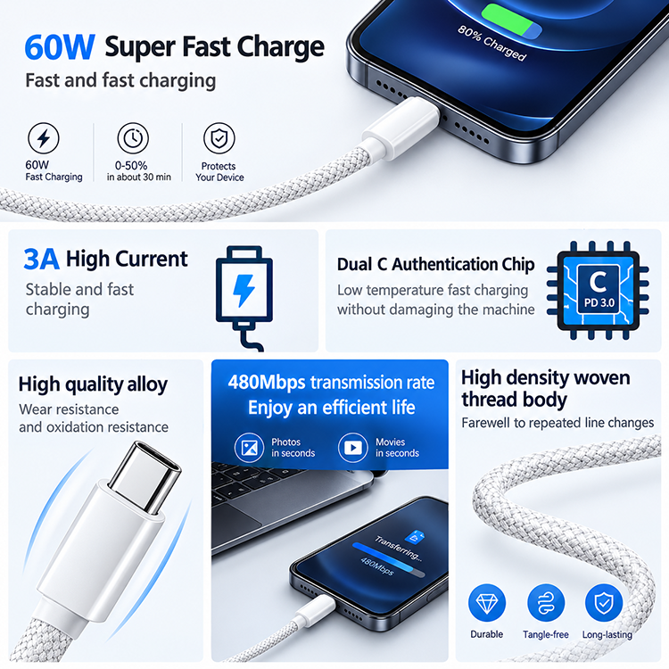 Durable 60W Dual USB C Nylon Woven Original Cable 1M Fast Charging Type C to Type C Cable for iPhone 18 17 16 15 Pro Max iPad