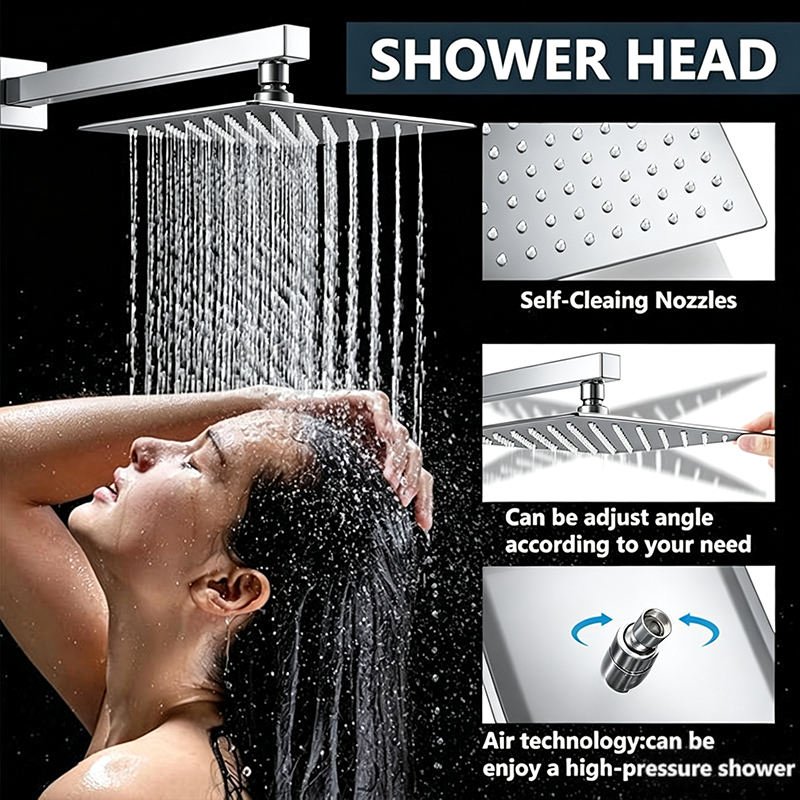 8Inch Modern SUS304 Stainless Steel Rainfall Shower Set 2-Function Square Wall Mount Mixer with High Pressure Handheld Sprayer