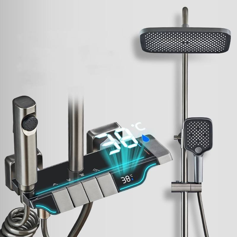 Modern Digital Cold and Hot Water Brass Luxury Rain Mixer System Piano Key Bathroom Smart Shower Set with LED Light
